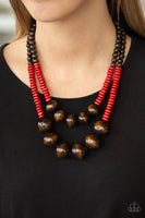 Paparazzi Accessories Cancun Cast Away Red & Brown Wooden Necklace Set