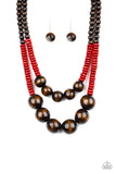 Paparazzi Accessories Cancun Cast Away Red & Brown Wooden Necklace Set